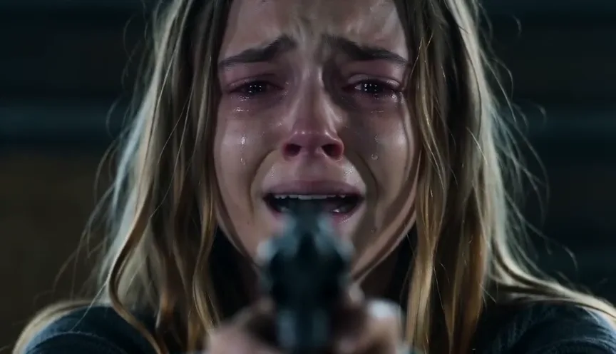 Zombie AI trend beat 1: The survivor aims a gun, crying