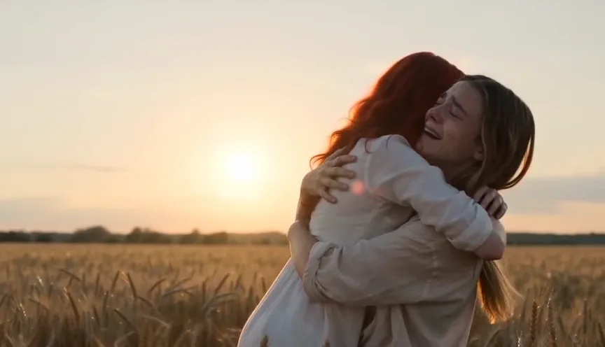 Zombie AI trend beat 4: Match cut: the hug in a sunny wheat field